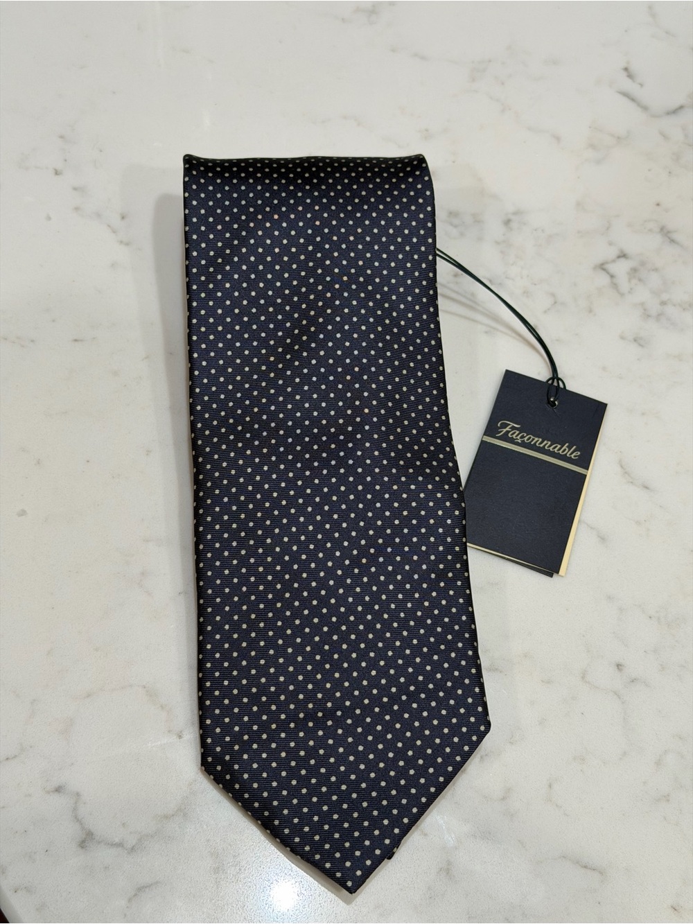 NWT Faconnable Men's 100% Silk Tie Navy Blue Pin Dot Luxury